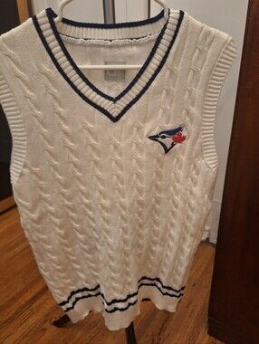 Blue Jays White Cable Knit V-Neck Sweater Vest with Navy Trim